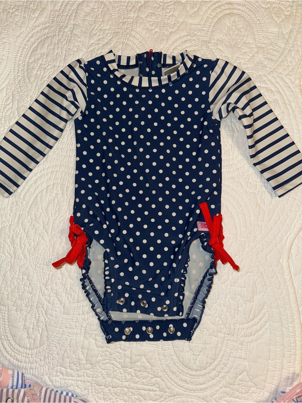 Baby ruffle butts Navy Polka Dot One-Piece Swimsuit with Striped Sleeves